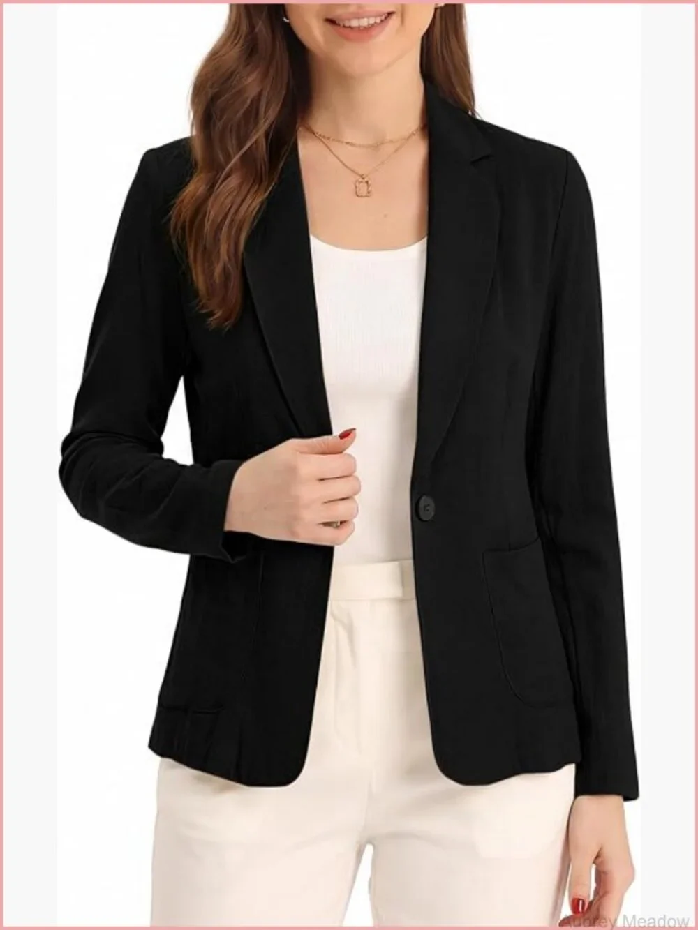 Women's Linen Blazer, One Button Notch Lapel Suit Jacket for Office